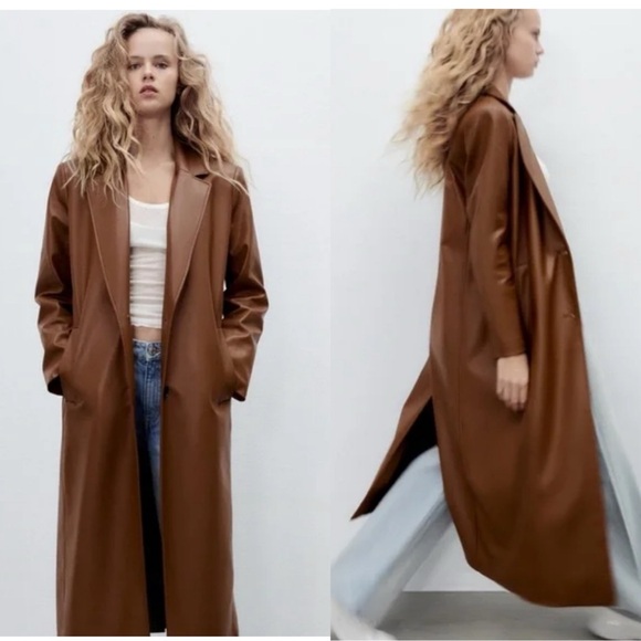 Zara Jackets & Blazers - Zara Faux Leather Long Duster Blazer Top Coat Trench Jacket Cognac Brown Medium